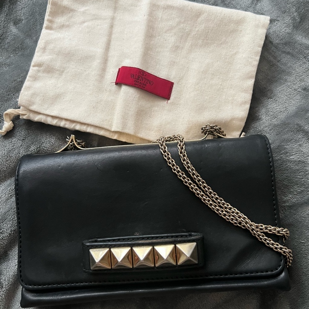 Valentino Black Leather Crossbody with Gold Studs